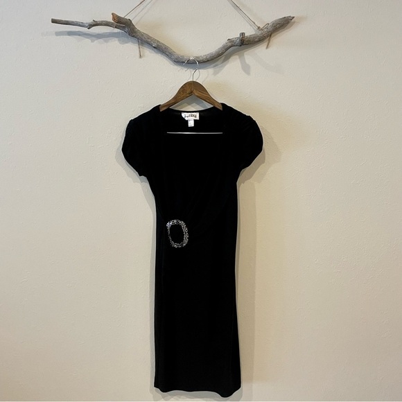 Joseph Ribkoff Black Faux Wrap Buckle V Neck Dress - Picture 2 of 7